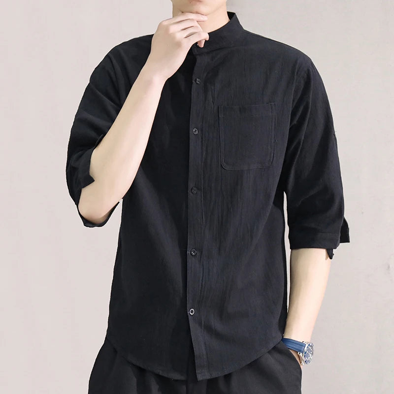 Stand Collar Mid-sleeve Shirt