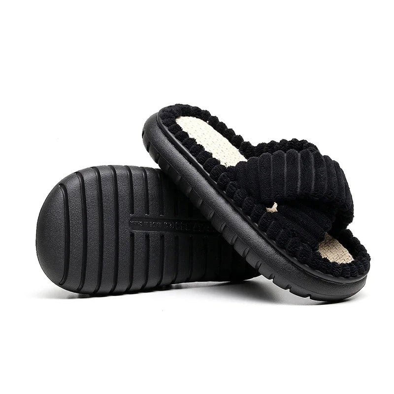 Women Fuzzy Cross Band Slippers