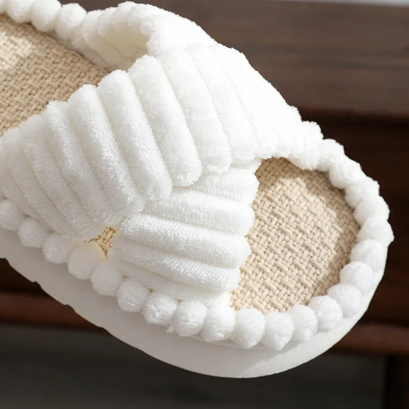 Women Fuzzy Cross Band Slippers