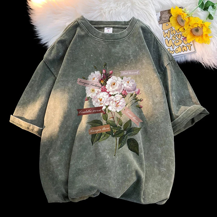 Vintage Washed White Flowers Tee