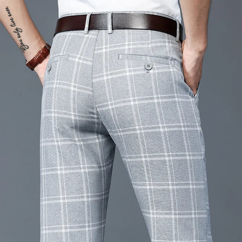 Stretch Plaid Slim Fit Men Pants