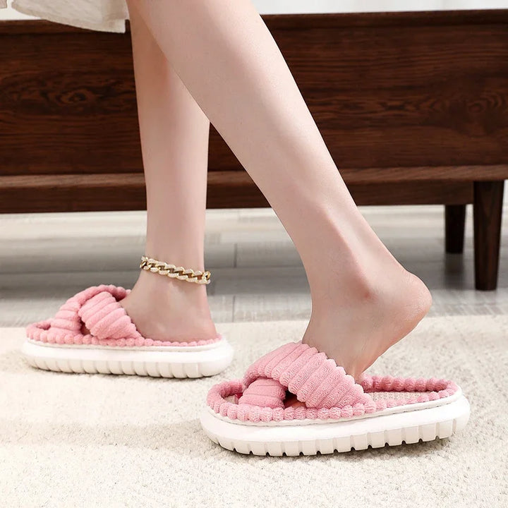 Women Fuzzy Cross Band Slippers