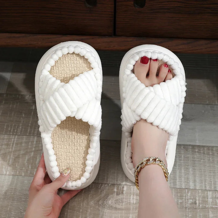 Women Fuzzy Cross Band Slippers