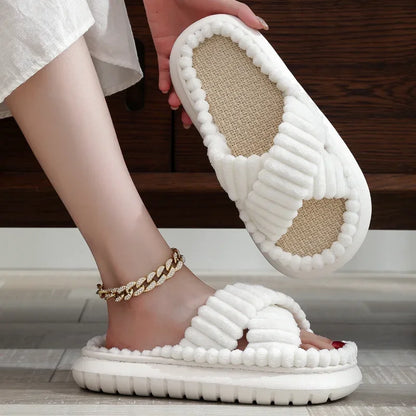 Women Fuzzy Cross Band Slippers